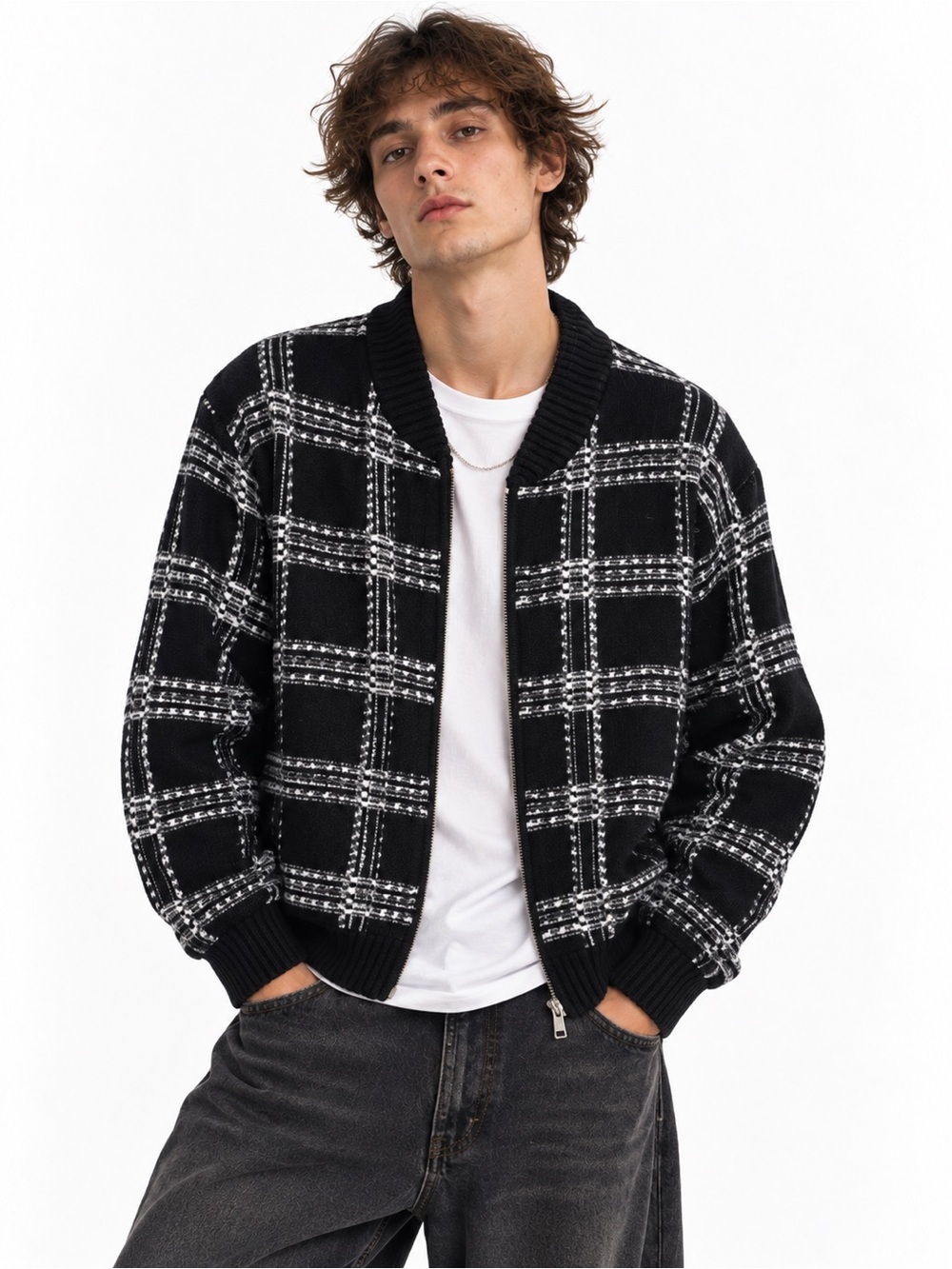 New Mode of One Men's Plaid grid Sweater Zip Up Relaxed Fit Loose skater indie